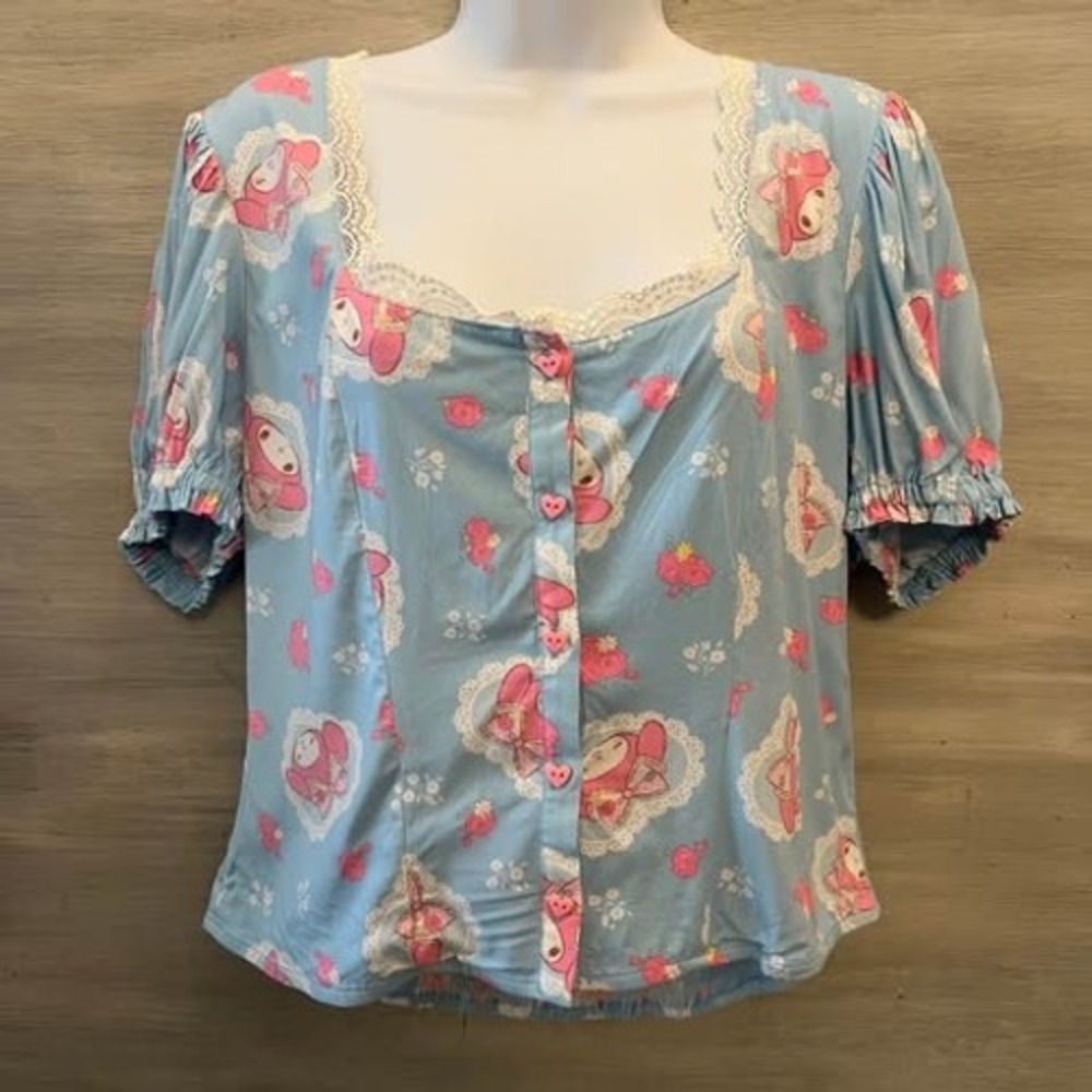 My Melody by Sanrio Multicolor Graphic Print Button Down Crop Top Shirt 2XL GC